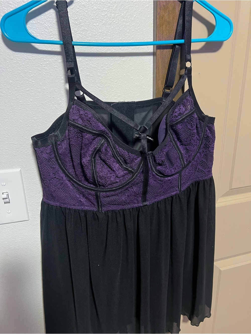 Lace-Detail Chemise Slip in Purple and Black